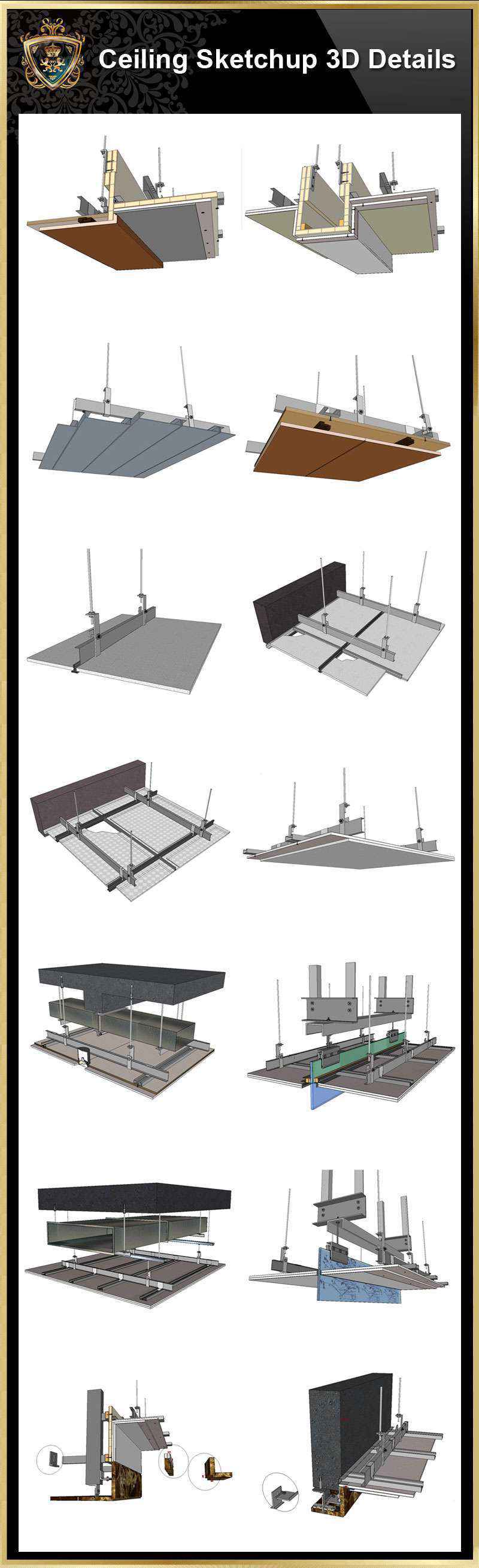 Sketchup Ceiling Details,light steel frame ceiling,hard cover ceiling,plasterboard ceiling,mirror ceiling,wood veneer ceiling,mineral wool board ceiling,air conditioning duct,smoke blocking wall,aluminum plate,gypsum board
