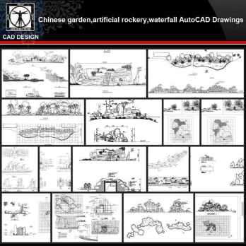 ★【Chinese Garden,Artificial rockery,Waterfall Autocad Drawings】All kinds of Chinese Landscape CAD Drawings